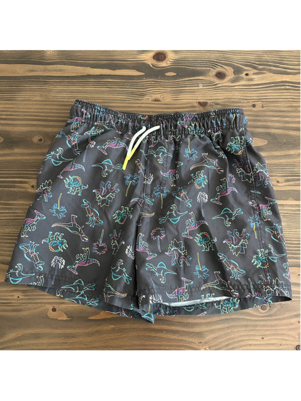 Boys Cat & Jack Dinosaur Swim Trunks XL 14 Black Neon Quick Dry Mesh Lined